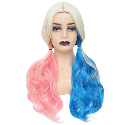 Vista 2 de AISI QUEENS Peluca Harley Quinn para niñas, peluca Harley Quinn de Halloween, peluca de payaso para mujer, peluca rosa y azul para mujer, uso diario