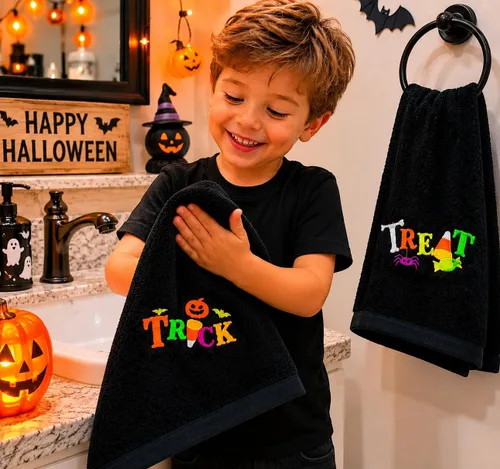 Vista 2 de Juego de 2 toallas de mano decorativas de Halloween, toallas de algodón de terciopelo de felpa negra con diseño bordado de truco o trato, toallas