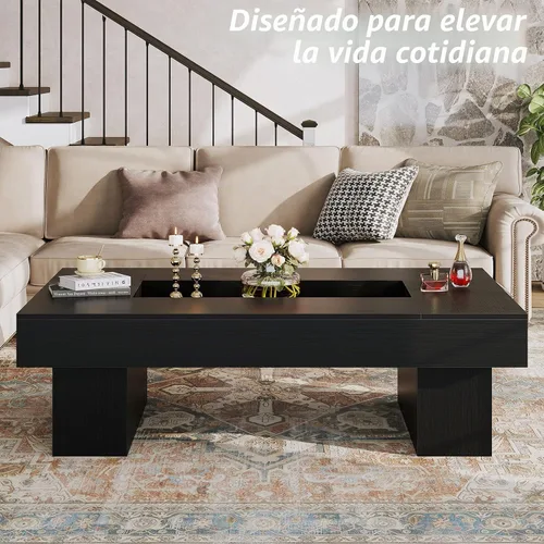 Vista 9 de LVB - Mesa de café negra, mesa de sala moderna de madera con LED y almacenamiento, mesa central única de gran tamaño y forma rectangular con luz