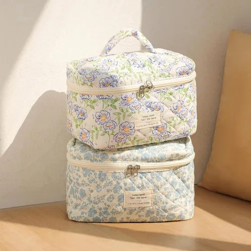 Vista 6 de uekeboag - Bolsa de maquillaje grande de viaje acolchada para mujer, neceser de algodón con estampado floral, neceser con estampado floral