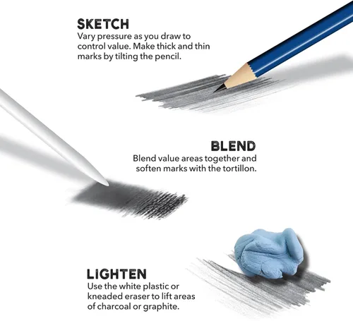 Vista 3 de ArtSkills Kit de bocetos, juegos de arte para adultos con juego de lápices y suministros de arte de carbón, lápices de sombreado para dibujar