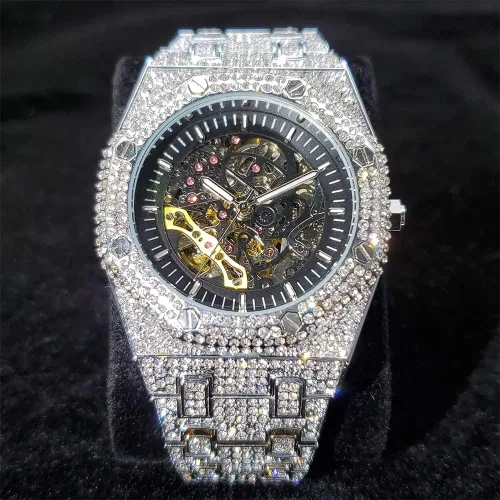 Vista 3 de ICEDIAMOND 43MM Iced Out Openwork Mechanical Automatic Wrist Watch, Full Shiny CZ Diamond Hand-Winding Skeleton Dial Luxury Watch for Men