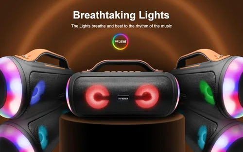 Vista 4 de Fisher Altavoces Bluetooth, altavoz inalámbrico portátil de 20 W de potencia máxima Boombox con sonido HD y luces, resistente al agua, tiempo