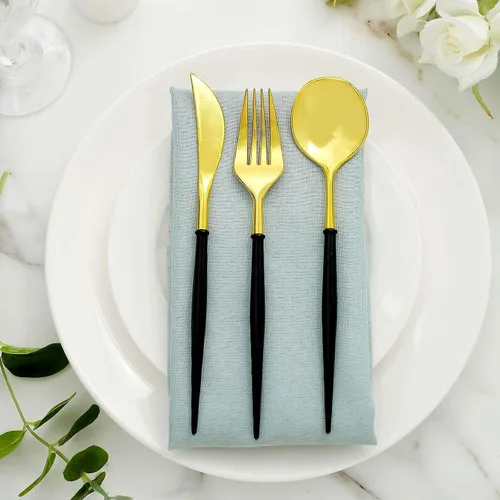Vista 20 de Efavormart 24 Pack Juego de cubiertos de plástico premium negro/dorado de 6" de 24 piezas, cubiertos desechables modernos y resistentes de plata