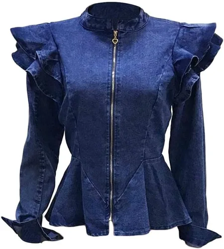 Vista 5 de ECHOINE Chaqueta vaquera casual para mujer, manga larga, con cremallera, volantes, hombros descubiertos, abrigo peplum talla grande