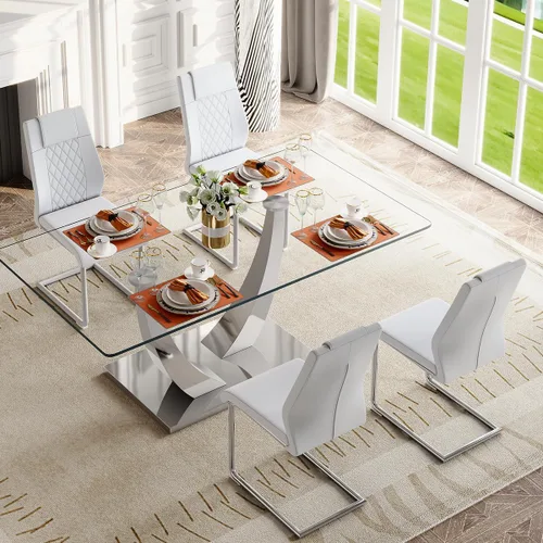Vista 15 de Mesa de comedor moderna para mesa de comedor de mármol sintético de 4/6, 63 pulgadas, mesa de cocina rectangular, mesa de cocina y comedor de fácil