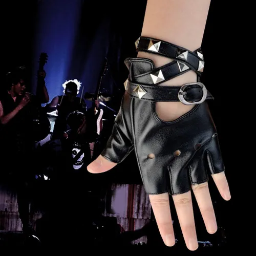 Vista 5 de Guantes de piel sintética con remaches punk, de medio dedo, sin dedos, para mujer