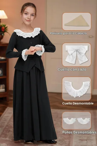 Vista 2 de BesserBay Girls 5Pcs Colonial Black Costume Long Sleeve Ruffled Collars Button Dress 6-14 Years