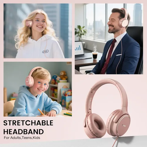 Vista 4 de Auriculares con cable USB C sobre la oreja con micrófono, control de volumen, puerto compartido y diadema ajustable, auriculares estéreo plegables