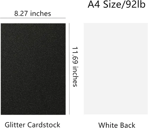 Vista 2 de Hysiwen 20 hojas de cartulina con purpurina negra, 250 g/m²/92 lb, tamaño A4, papel brillante para hacer tarjetas, invitaciones, manualidades