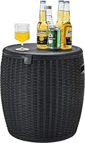Vista 6 de Giantex Enfriador de hielo de 9.5 galones, baúl redondo de mimbre, cubo de hielo para vino de cerveza al aire libre, tapa superior, asas laterales