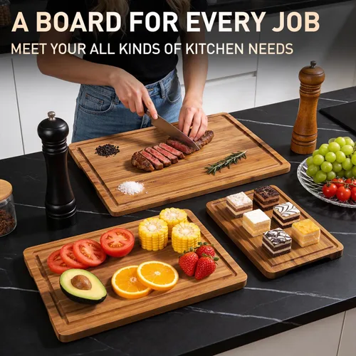 Vista 2 de Juego de 3 tablas de cortar de bambú con pies antideslizantes, tablas de cortar de madera maciza para cocina, tablas de cortar de madera no tóxicas