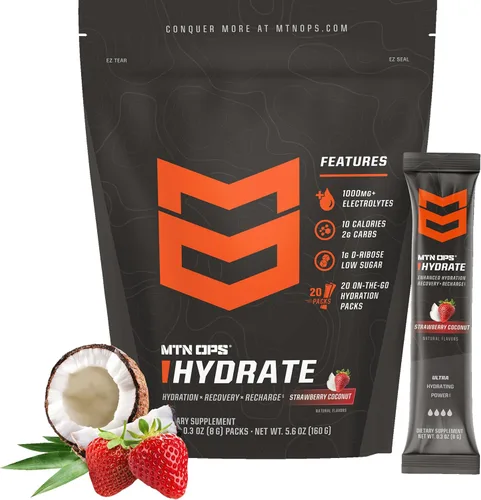Vista 14 de MTN OPS Hydrate Electrolytes - Mezcla de bebida en polvo, 20 paquetes de electrolitos individuales para llevar con más de 1000 mg de electrolitos