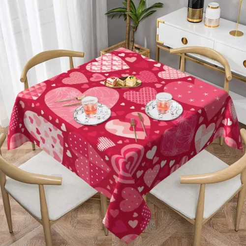 Vista 8 de Mantel redondo para el día de San Valentín de 60 pulgadas, color rosa y rojo, con corazones, mantel de encaje resistente al agua, a prueba