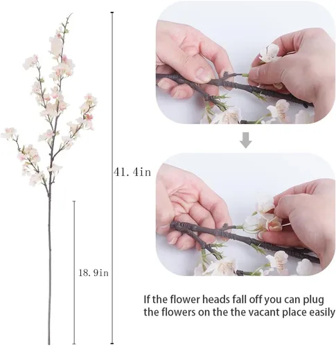 Vista 5 de LESING 4 tallos artificiales de flor de cerezo de 41.4 pulgadas, tallos largos realistas de seda falsa, ramas de flores artificiales para mesa