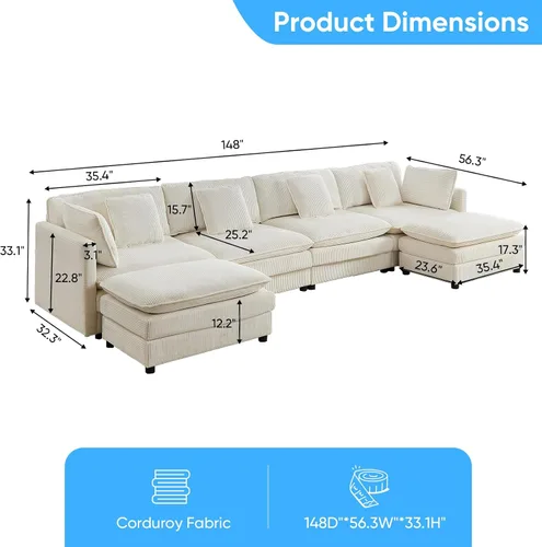 Vista 2 de Mjkone Sofá modular en forma de U de 148 pulgadas con otomana móvil, cómodo sofá modular de gran tamaño con cojín de doble capa, sofás de asiento