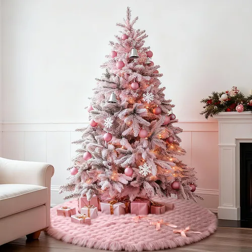 Vista 5 de Falda de árbol de Navidad de 72 pulgadas, decoración de árbol de Navidad rosa para interiores, cuello de árbol de lentejuelas, alfombra de felpa