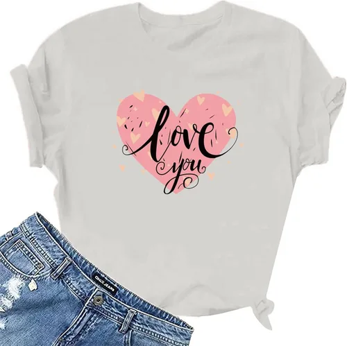 Vista 8 de Camisetas de manga corta con estampado de corazón para mujer, camisetas de ajuste regular, linda y divertida, ropa de regalo 2023