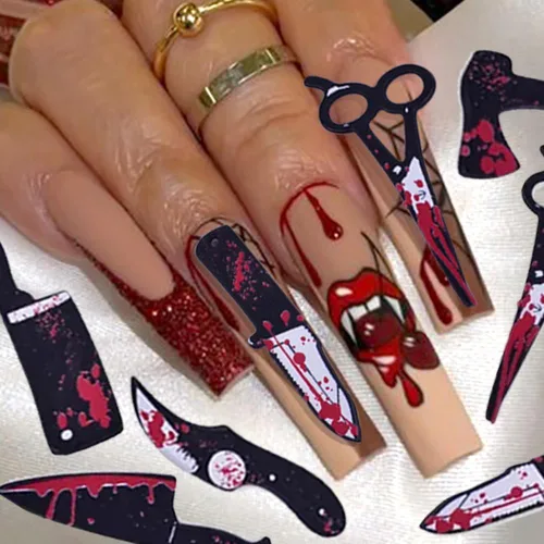 Vista 3 de 12 dijes de uñas de Halloween para uñas acrílicas, cuchillo de sangre de terror 3D, tijeras, hacha, dijes de Halloween para uñas, cuchillos 12