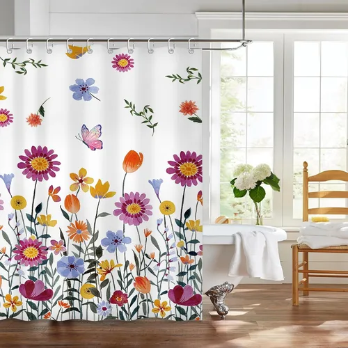 Vista 3 de Moutina Juego de cortinas de ducha de flores silvestres para baño, decoración de baño de primavera y verano, 72 x 72 pulgadas, cortina de ducha