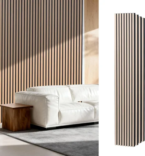 Vista 10 de Paneles de pared de listones de madera de ébano, paneles acústicos modernos oscuros para decoración del hogar, 47 x 24 pulgadas, paquete de 4