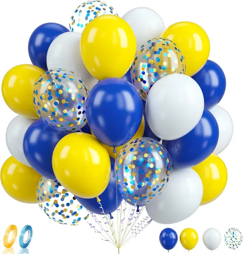 Vista 10 de Globos de graduación azules y dorados, 60 globos impresos con texto en inglés "Felicitaciones", 12 pulgadas, azul marino, blanco, azul, metálico
