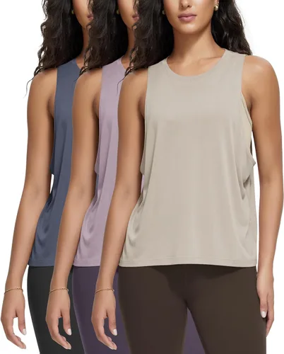 Vista 13 de ODODOS Paquete de 3 camisetas sin mangas sueltas para mujer, camisetas sin mangas para gimnasio, atletismo, entrenamiento, camisetas de yoga