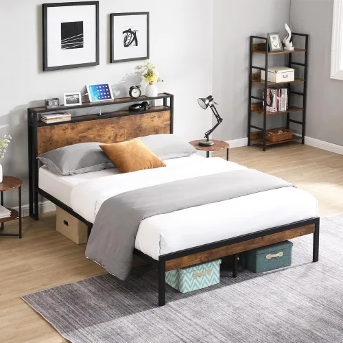 Vista 7 de Base de cama industrial tamaño matrimonial, marco de cama de plataforma con tomas de corriente y 2 puertos USB y con cabecera de almacenamiento de 2