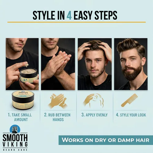 Vista 6 de Smooth Viking Arcilla de peinado para hombre, crema moldeadora con acabado mate, producto para peinados texturizados, gruesos y modernos, sin