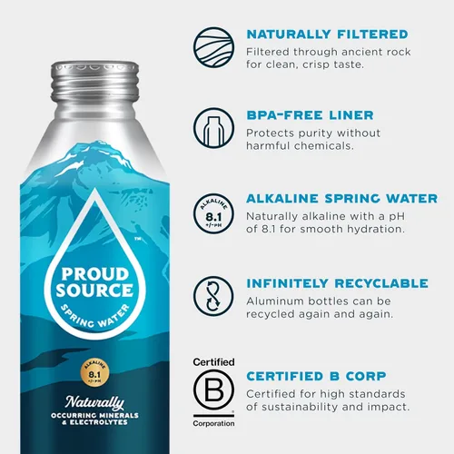 Vista 4 de Proud Source Agua alcalina de manantial, agua mineral de origen Rocky Mountain con electrolitos, botellas de aluminio infinitamente reciclables sin