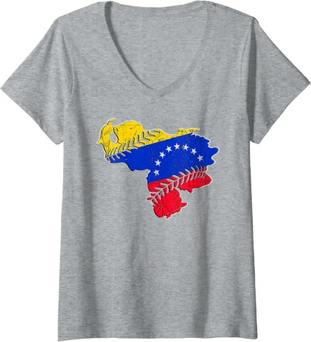 Vista 3 de Camiseta con cuello en V para mujer, diseño de bandera de Venezuela, Negro