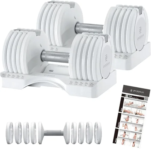 Vista 14 de ByZoom Fitness - Mancuerna ajustable de 12.5/25 libras – Unidad individual O juego de 2 – Peso ajustable 5-en-1 para gimnasio en casa, entrenamiento