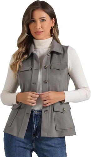 Vista 10 de Allegra K Chaleco de Gamuza Sintética Utilitario para Mujer con Botones sin Mangas con Bolsillo Cargo Verde militar