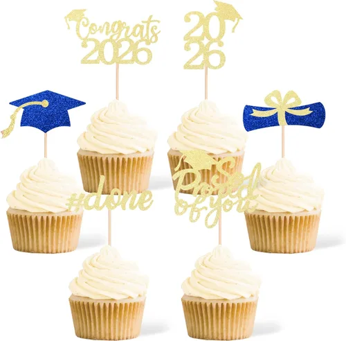Vista 6 de 36 adornos para cupcakes de graduación de clase 2026, con purpurina azul de doble cara para suministros de fiesta de graduación, decoraciones