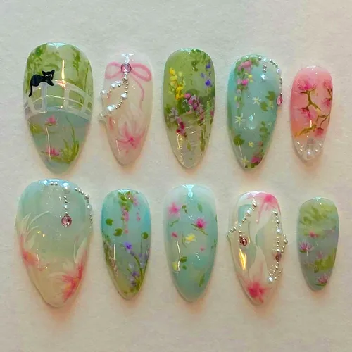Vista 27 de Uñas postizas cortas en forma de almendra SWEKKE con punta francesa, uñas falsas con diseños de flores 3D en amarillo y rosa, uñas adhesivas
