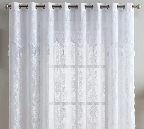 Vista 17 de LinenZone Cenefa de encaje transparente con 6 borlas y parte inferior festoneada para cocina, baño, comedor, sala de estar, dormitorio o sótano.
