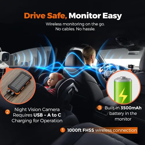 Vista 9 de Cámara inalámbrica para automóvil de bebé con HD 1080P IPS de 5 pulgadas, monitor de asiento trasero giratorio de 360° alimentado por USB