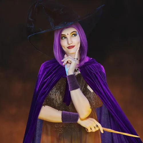 Vista 5 de Hercicy 5 piezas de disfraz de Halloween para cosplay, incluye capa morada de longitud completa con capucha para mujer, peluca corta morada