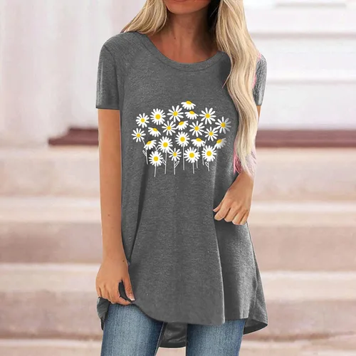 Vista 4 de Blusas para mujer, estilo casual, de manga corta, cuello redondo, con botones, estilo túnica, casual, para mujer