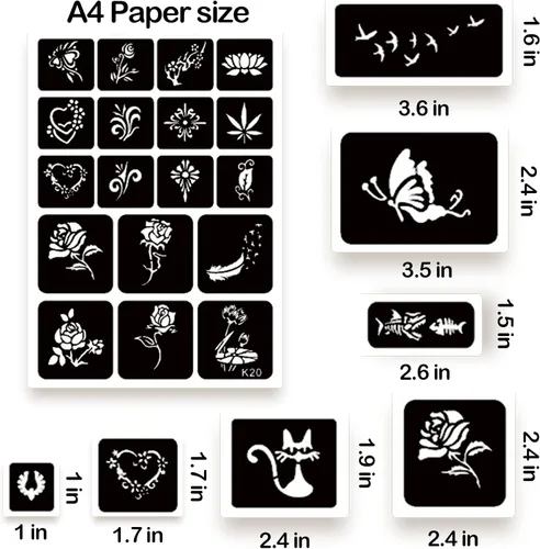 Vista 7 de ChurlChurl 20 hojas de plantillas temporales de tatuaje, más de 622 piezas de plantillas de tatuaje de henna para pintura facial y cuerpo