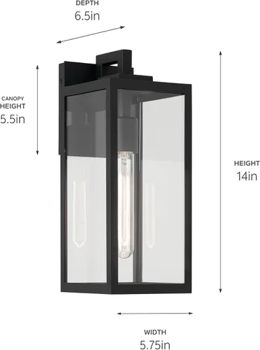 Vista 2 de Kichler Branner 59111BKT - Lámpara de pared tradicional para exteriores, con textura negra, de lujo, con cristal transparente, para puertas