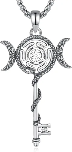 Vista 10 de EUDORA Collar de plata de ley 925 con moneda Hécate, Athena, Perséfono, Nyx, diosa de la luna triple, diosa celta, rueda de Hécate, llave, regalo
