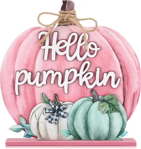 Vista 8 de Soaoo Decoración de Acción de Gracias, letrero de madera de otoño con texto en inglés "Hello Pumpkin", decoración de mesa de calabaza de otoño de 11