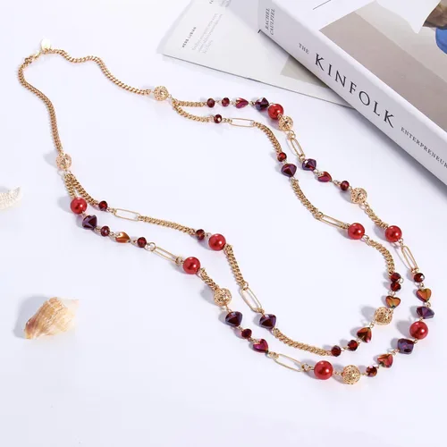 Vista 4 de Bocar Collar de cuentas, collar de cadena de eslabones largos de 2 capas, cuentas de cristal para mujer, gargantilla, regalo de joyería