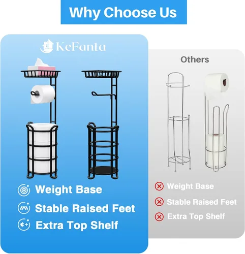 Vista 4 de Soporte de papel higiénico con estante, estante de almacenamiento de rollos de papel higiénico con dispensador para baño, color negro