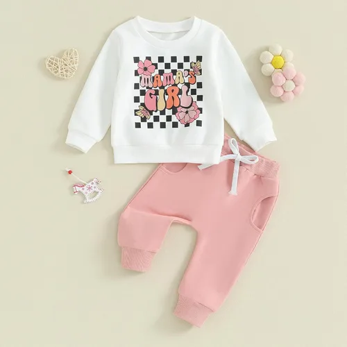 Vista 2 de Karwuiio Conjunto de sudadera de manga larga con estampado de tablero de ajedrez y pantalones, ropa de otoño