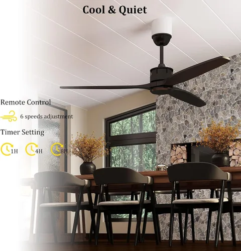 Vista 6 de Ventilador de techo para interiores de 60 pulgadas con control remoto, ventiladores de techo de madera para exteriores, motor reversible silencioso