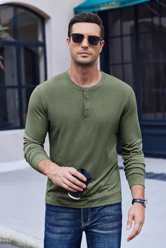 Vista 8 de COOFANDY Camiseta Henley de Manga Larga para Hombre Camisas Pullover Casuales Ligeras Camisetas Básicas Suaves Elásticas Tops de Otoño
