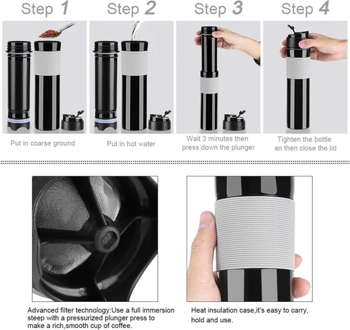Vista 2 de Botella de café portátil de 11.8 fl oz, mini cafetera de café, cafetera de viaje, vaso de viaje. Equipado con protector contra salpicaduras, goma