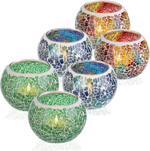 Vista 8 de OwnMy Juego de 3 portavelas de té de vidrio de mosaico azul, cuenco redondo, portavelas votivas, candelabros de mosaico de vidrio, candelitas